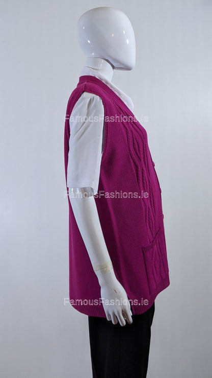 Fuchsia Button Up Knitted Waistcoat Cardigan with Pockets