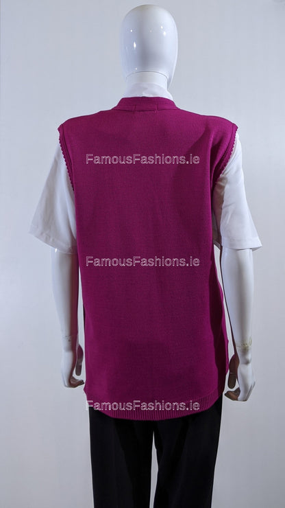 Fuchsia Button Up Knitted Waistcoat Cardigan with Pockets