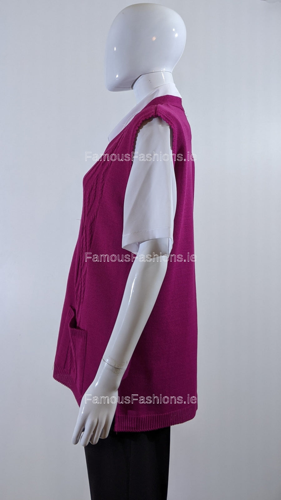 Fuchsia Button Up Knitted Waistcoat Cardigan with Pockets