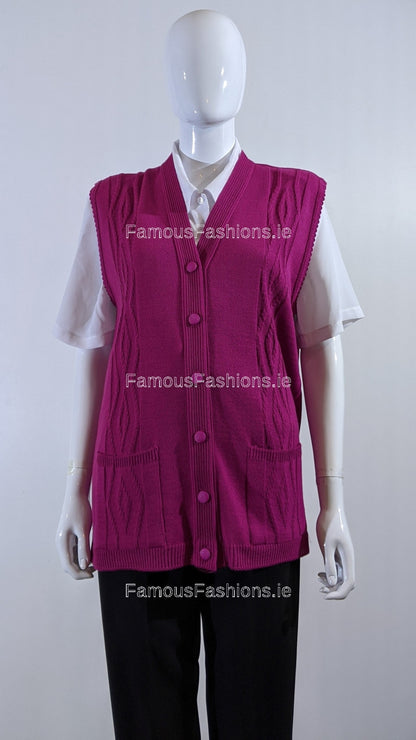 Fuchsia Button Up Knitted Waistcoat Cardigan with Pockets