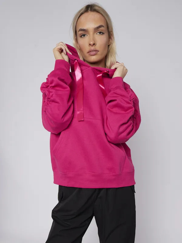 Fuchsia Pink Ribbon Drawstring Ruched Sleeves Fleeced Hoodie