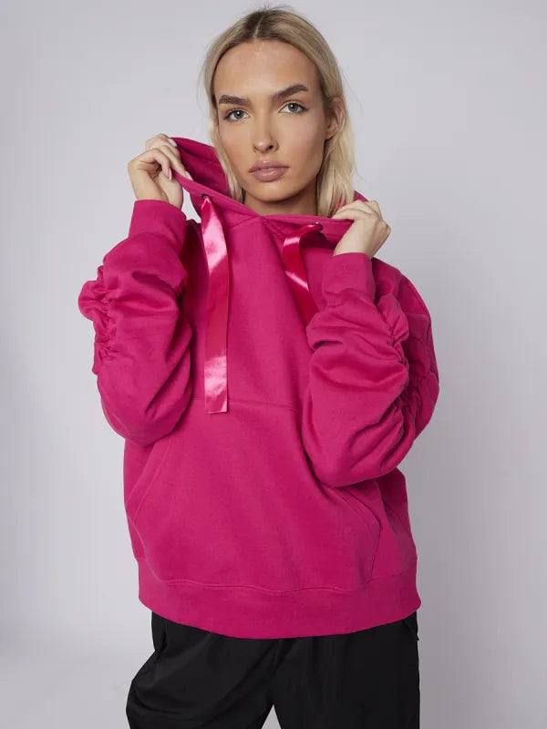 Fuchsia Pink Ribbon Drawstring Ruched Sleeves Fleeced Hoodie