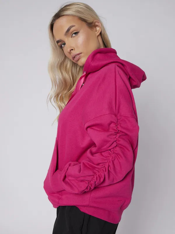 Fuchsia Pink Ribbon Drawstring Ruched Sleeves Fleeced Hoodie