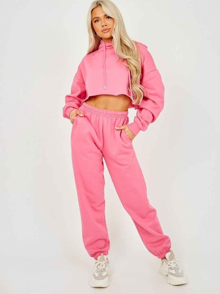 Fuchsia Raw Hem Cropped Hoodie & jogger Fleece Co-ord Set