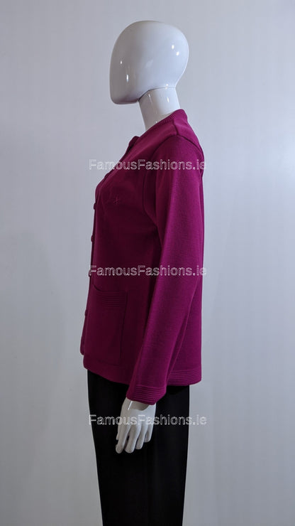 Fuchsia Round Neck Button Pocket Cardigan