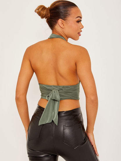 Green Halterneck Cross Front Tie-Knot Slinky Crop Top