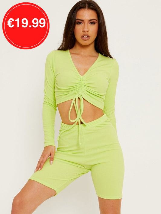 Green Ribbed Ruched Crop Top & Scrunch Back Shorts Co-Ord Set