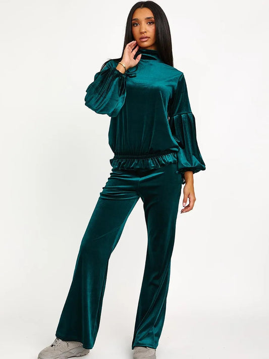 Green Velour Balloon Sleeve Top & Flare Trousers Loungewear Co-ord