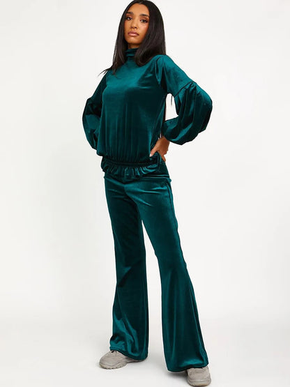 Green Velour Balloon Sleeve Top & Flare Trousers Loungewear Co-ord