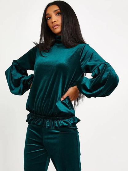 Green Velour Balloon Sleeve Top & Flare Trousers Loungewear Co-ord