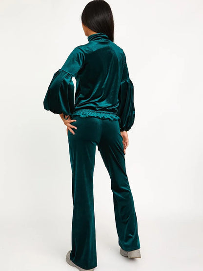 Green Velour Balloon Sleeve Top & Flare Trousers Loungewear Co-ord