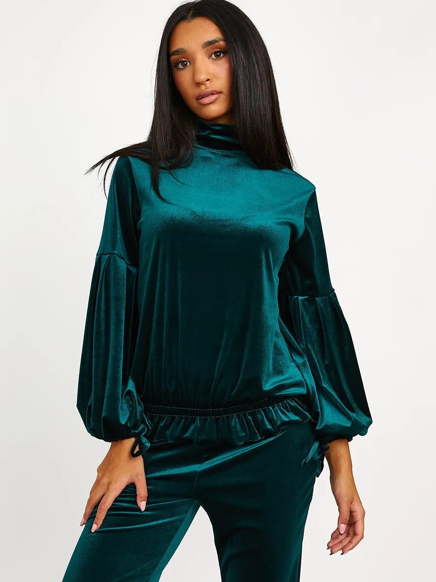 Green Velour Balloon Sleeve Top & Flare Trousers Loungewear Co-ord