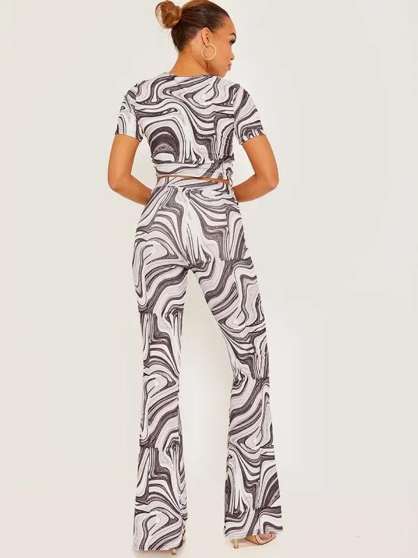 Grey Marble Print Ribbed Flared Trousers