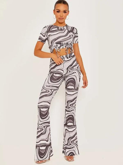 Grey Marble Print Ribbed Flared Trousers