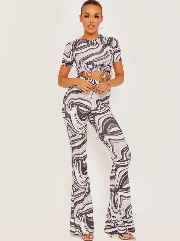 Grey Marble Print Ribbed Flared Trousers