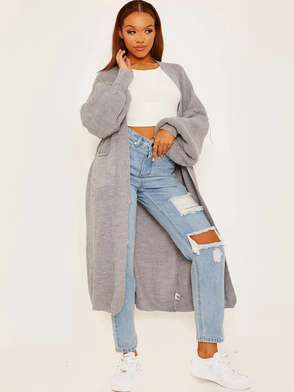 Grey Balloon Sleeves Knitted Longline Open Cardigan