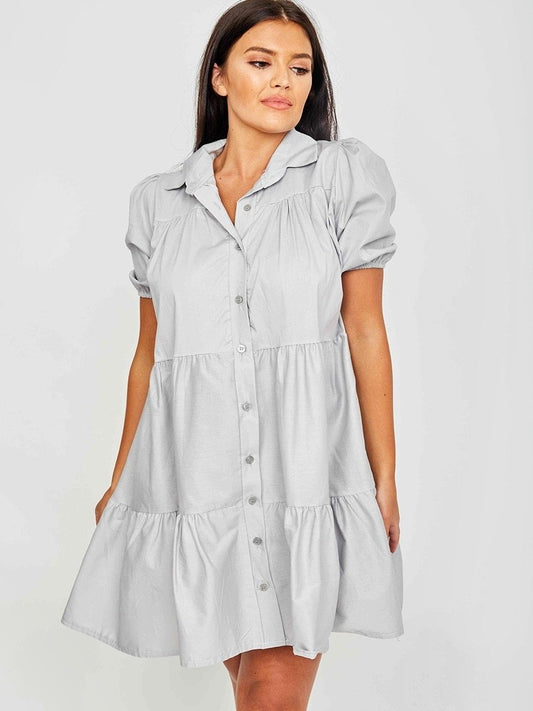 Grey Button Up Tiered Smock Dress