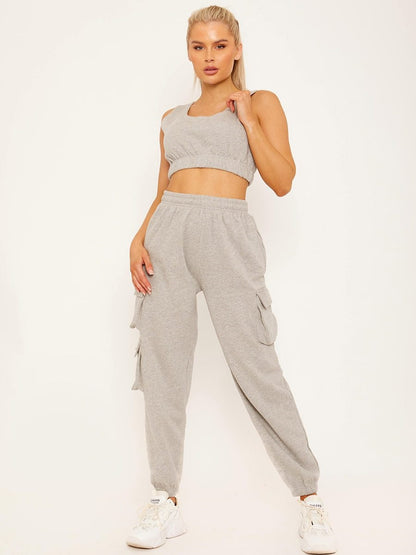 Grey Fleeced Crop Top & Cargo Jogger Set