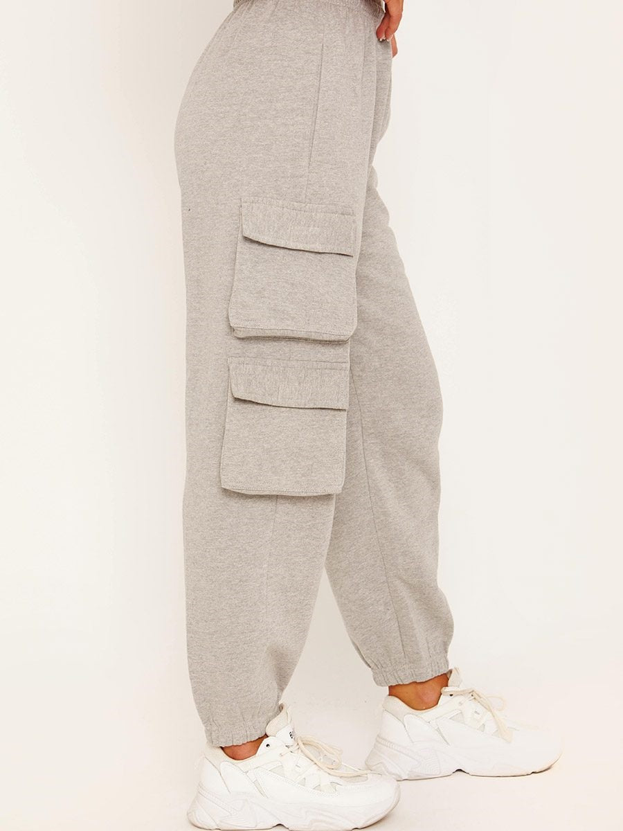 Grey Fleeced Crop Top & Cargo Jogger Set