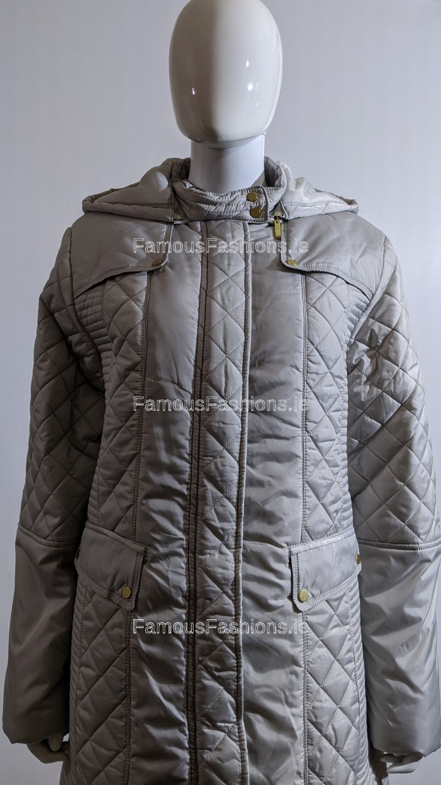 Grey Quilted Hooded Long Coat