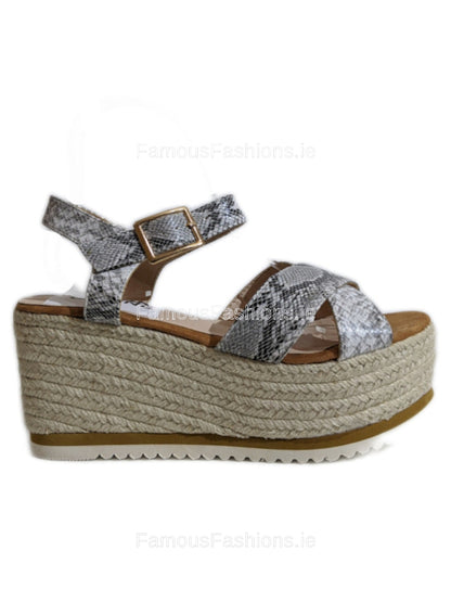 Grey Snake Detail Espadrille Wedge Sandals