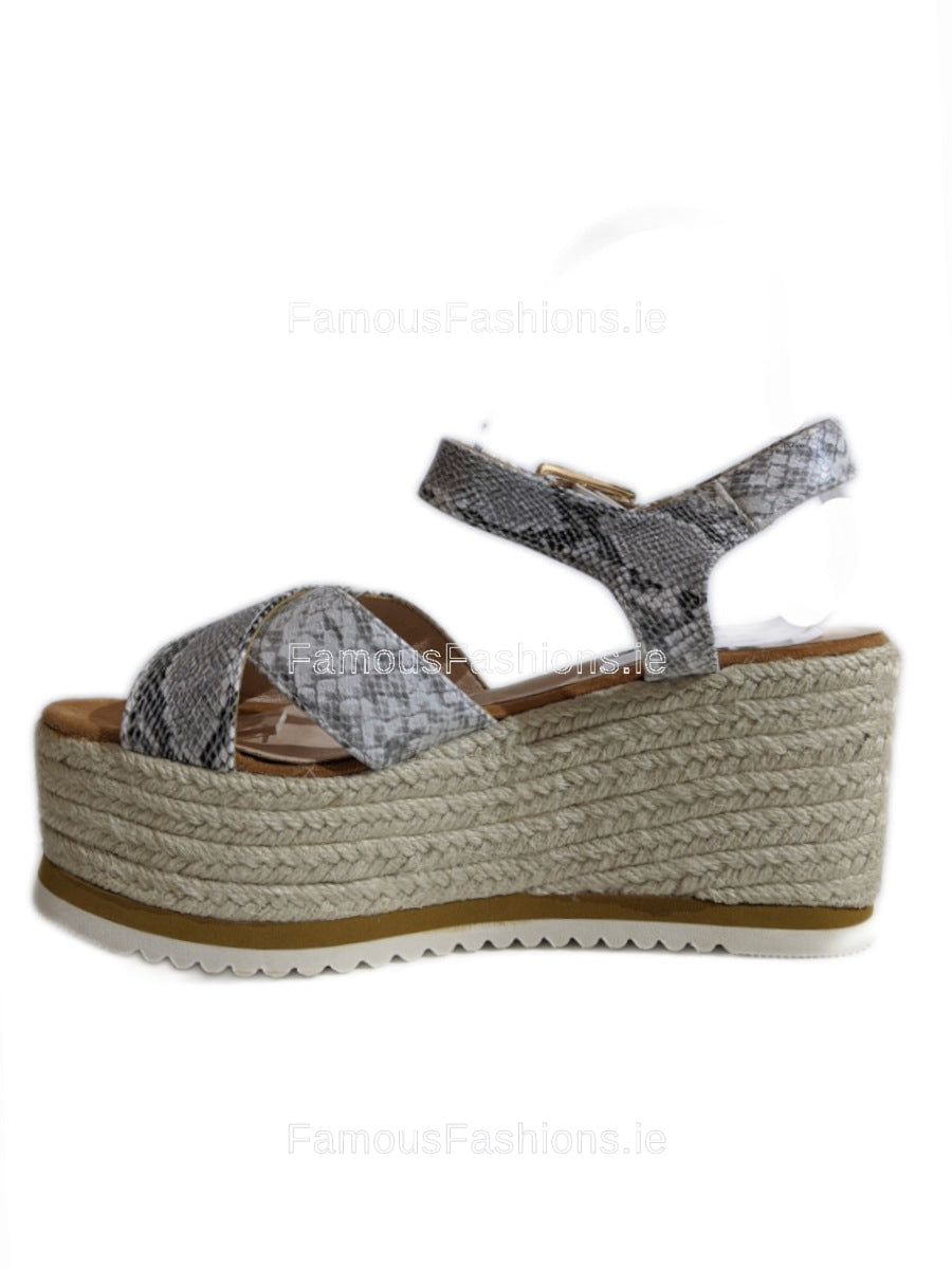 Grey Snake Detail Espadrille Wedge Sandals