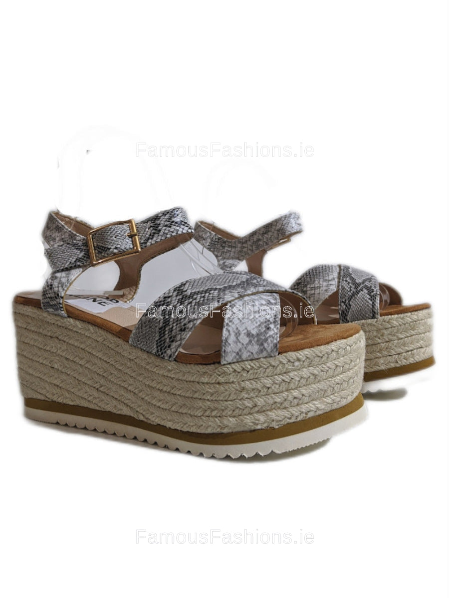 Grey Snake Detail Espadrille Wedge Sandals