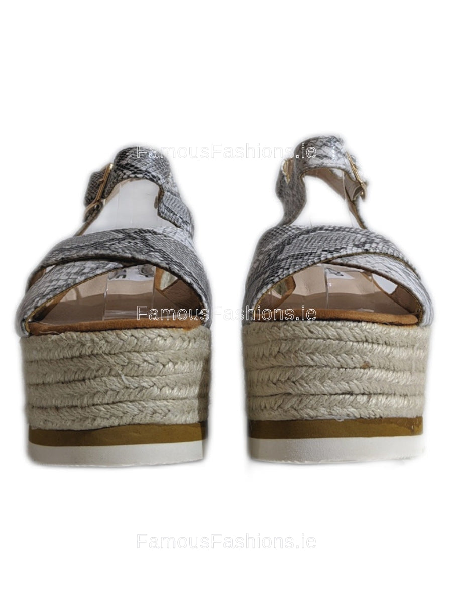 Grey Snake Detail Espadrille Wedge Sandals