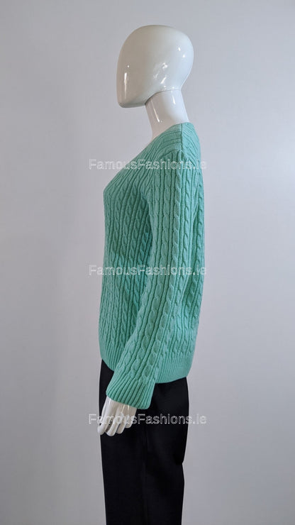 Green V-Neck Cable Knit Jumper