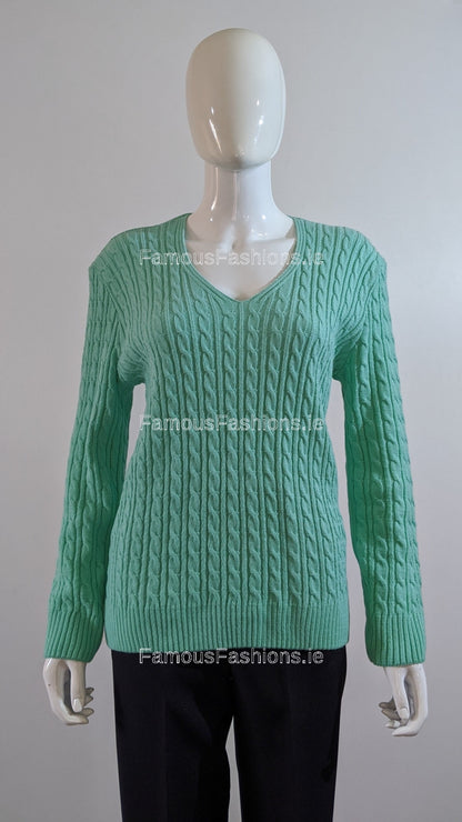 Green V-Neck Cable Knit Jumper