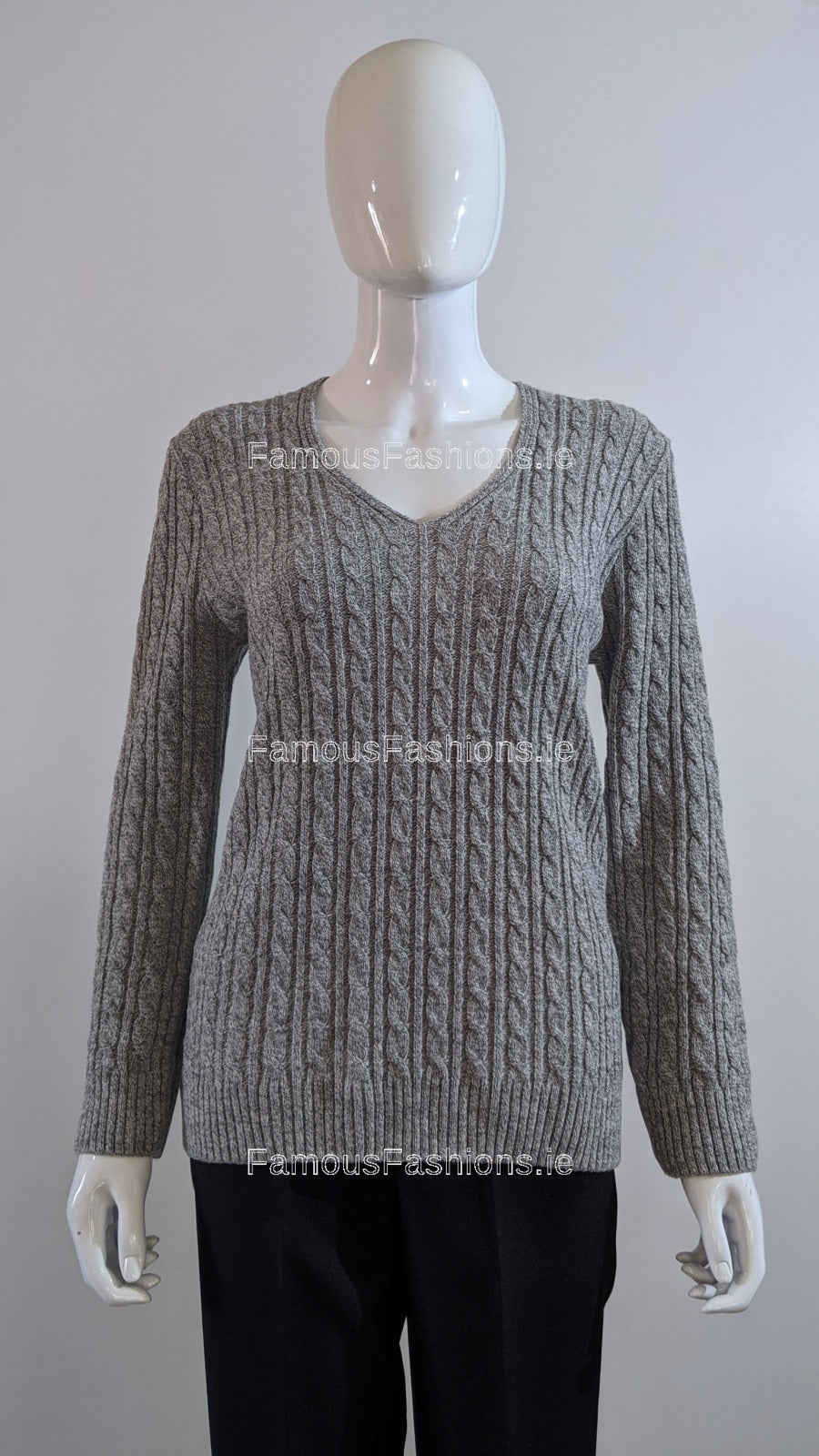 Grey V-Neck Cable Knit Jumper