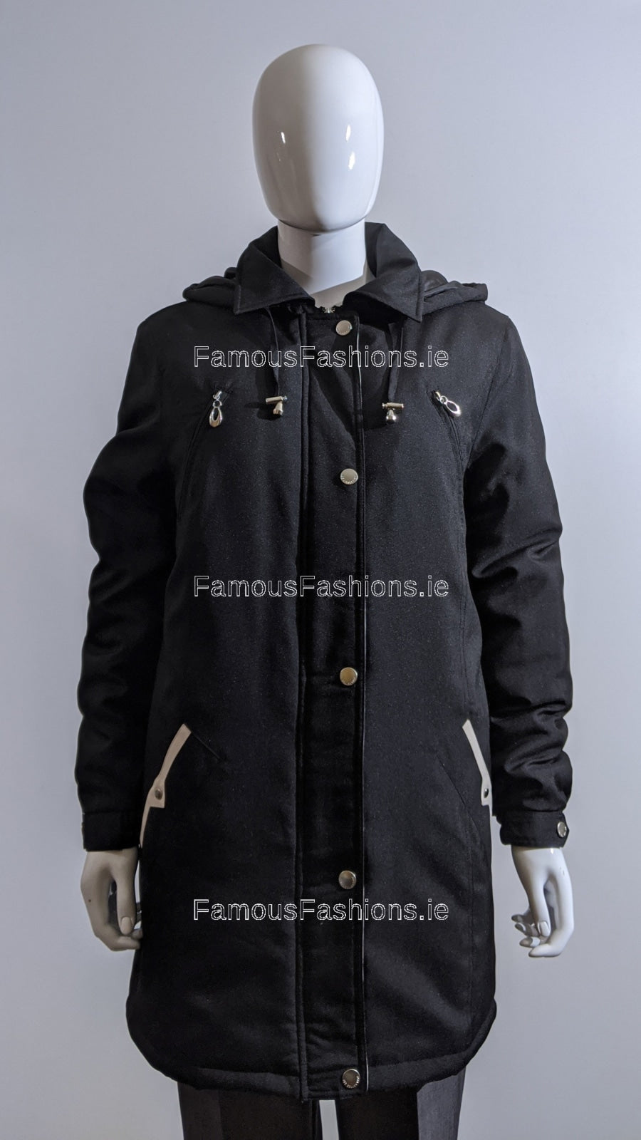 Black Hooded Cream Pocket Trim Long Coat