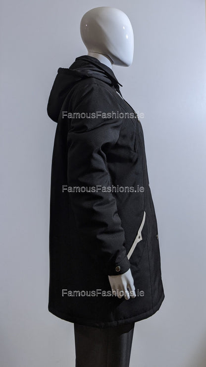 Black Hooded Cream Pocket Trim Long Coat