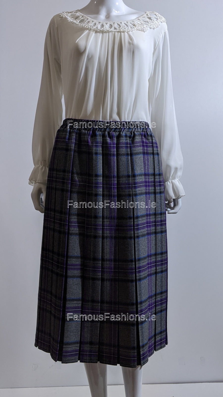 Grey Pleated Lined Check Skirt