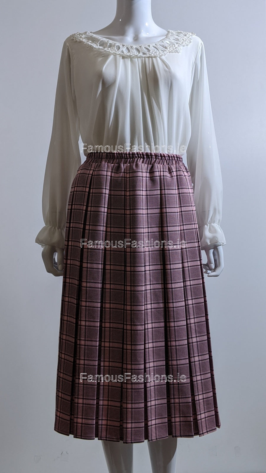 Pink Pleated Lined Check Skirt