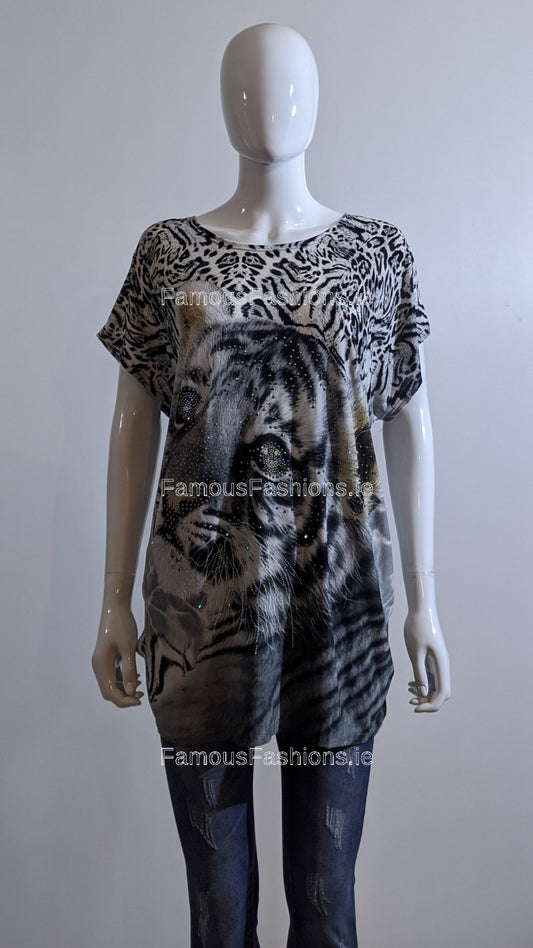 Grey Tiger Printed Glitter Top