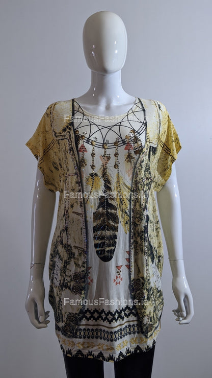 Mustard Dream Catcher Printed Glitter Top