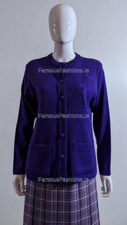 Purple Round Neck Button Cardigan