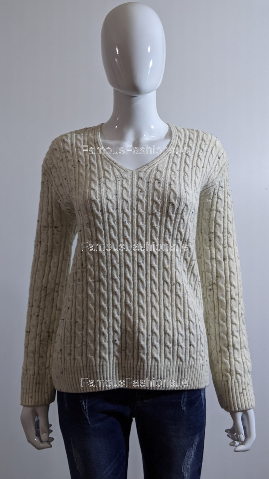 Cream V-Neck Cable Knit Jumper