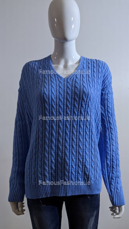 Blue V-Neck Cable Knit Jumper