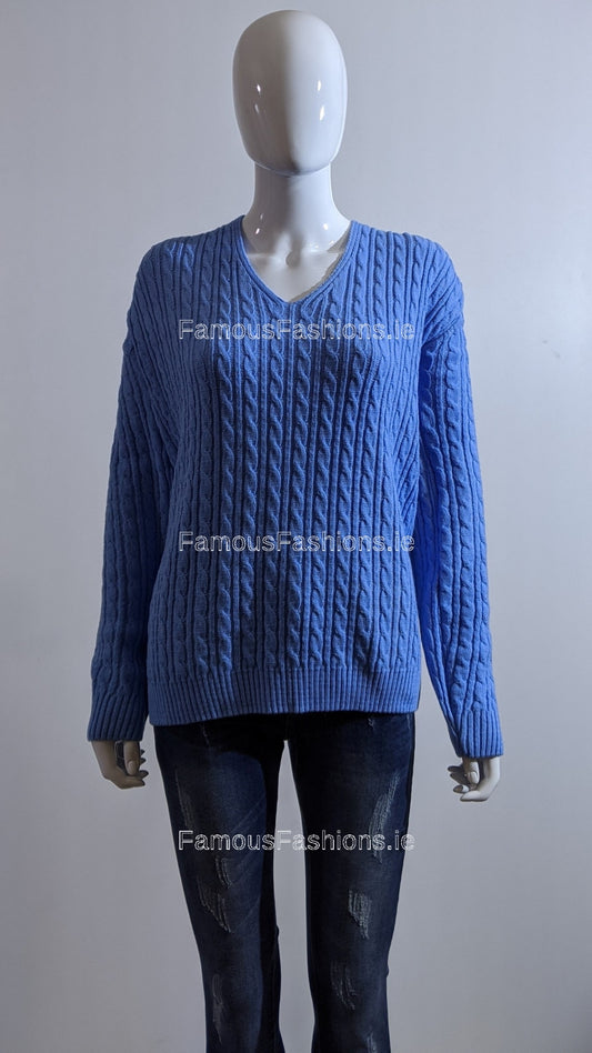 Blue V-Neck Cable Knit Jumper