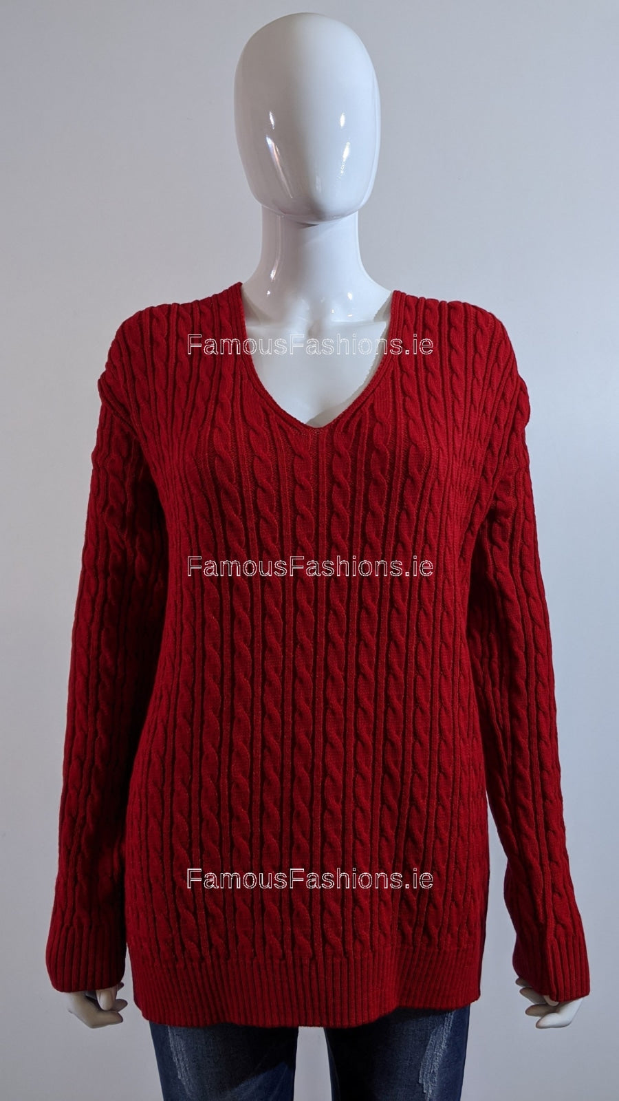 Red V-Neck Cable Knit Jumper