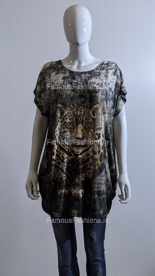 Black Contrast Tiger Glitter Top