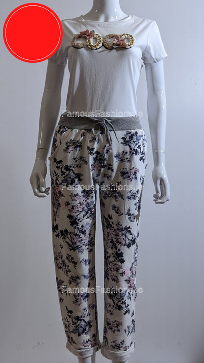 White Navy Floral Print Trouser