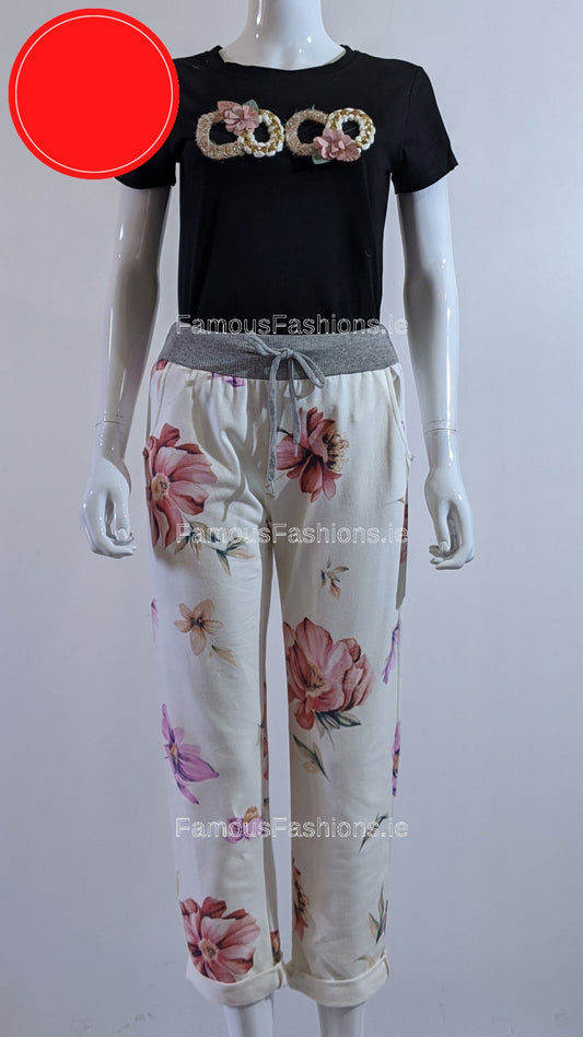 Cream Pink Floral Print Trouser