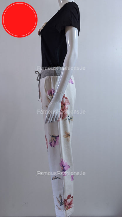 Cream Pink Floral Print Trouser