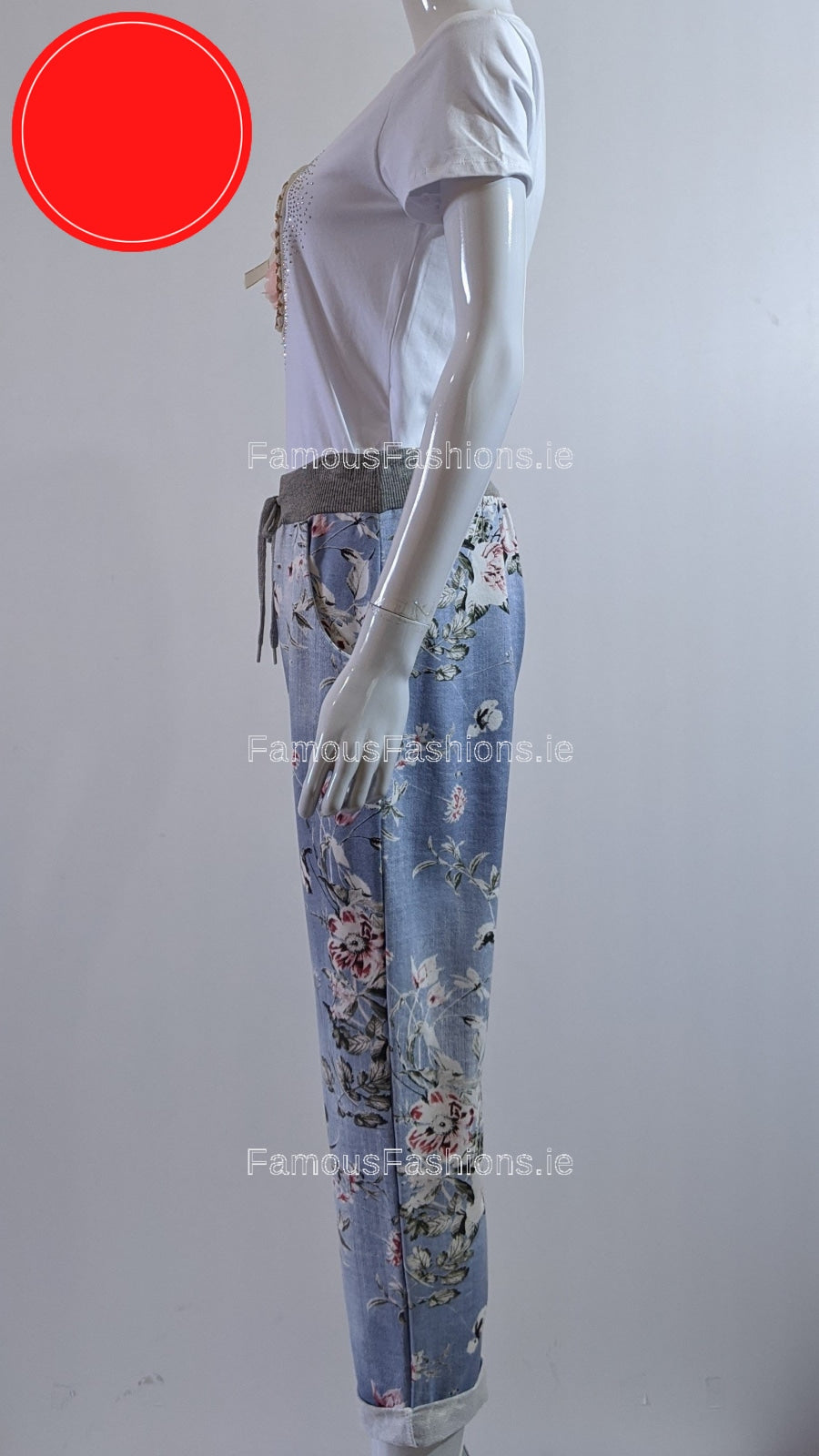 Denim Floral Print Trouser