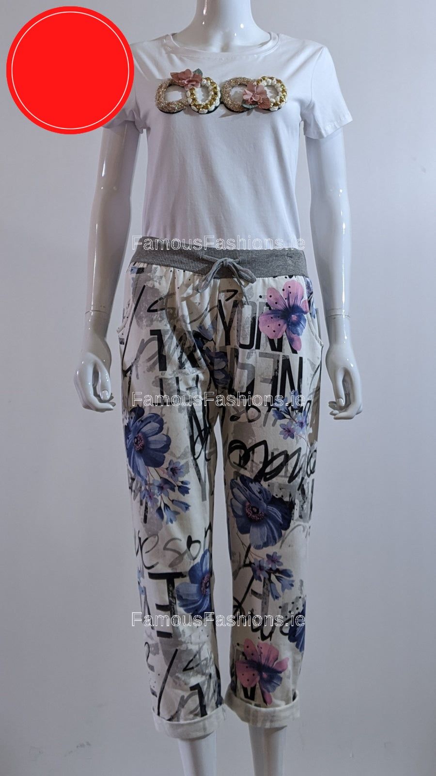 Cream Floral Print Pattern Trouser