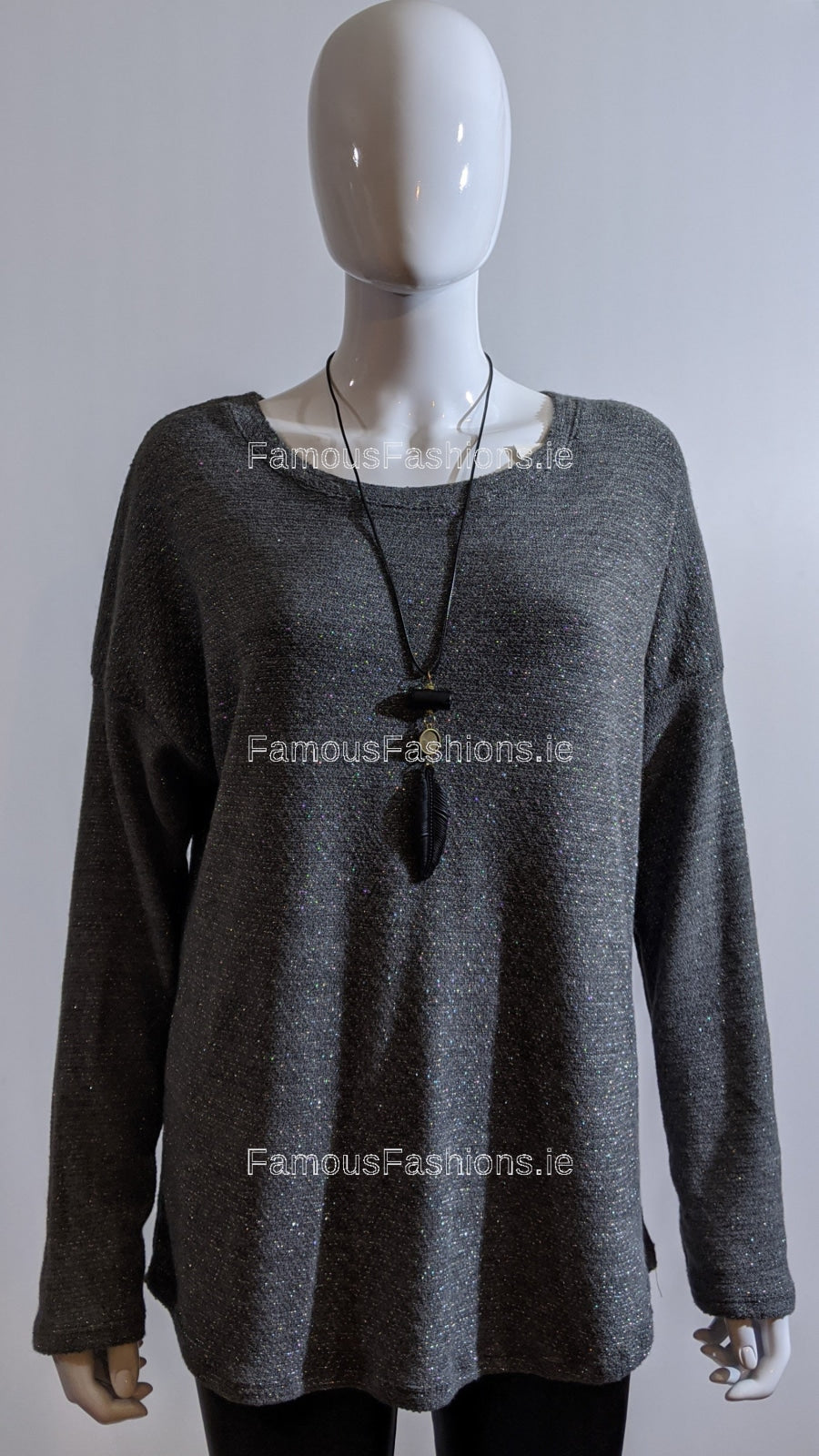 Grey Necklace Glitter Detail Top