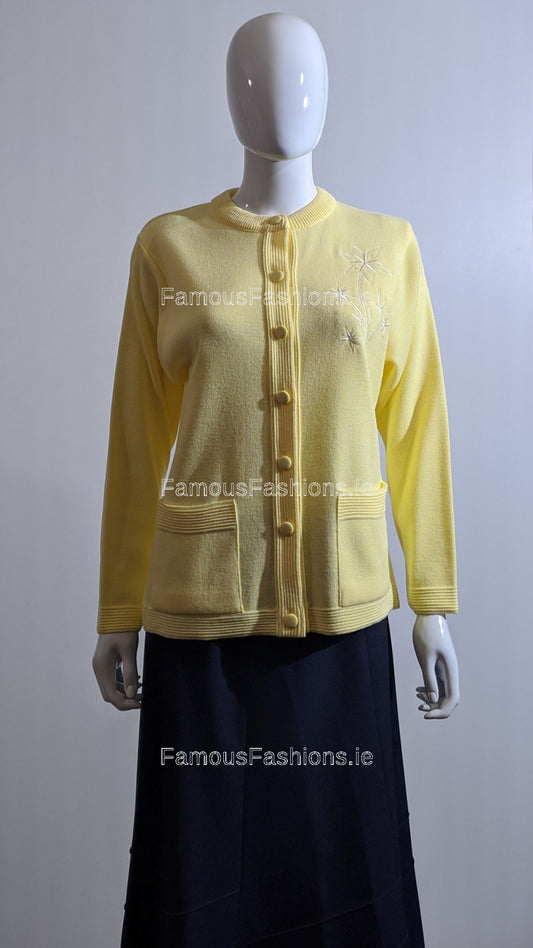 Yellow Round Neck Button Pocket Cardigan